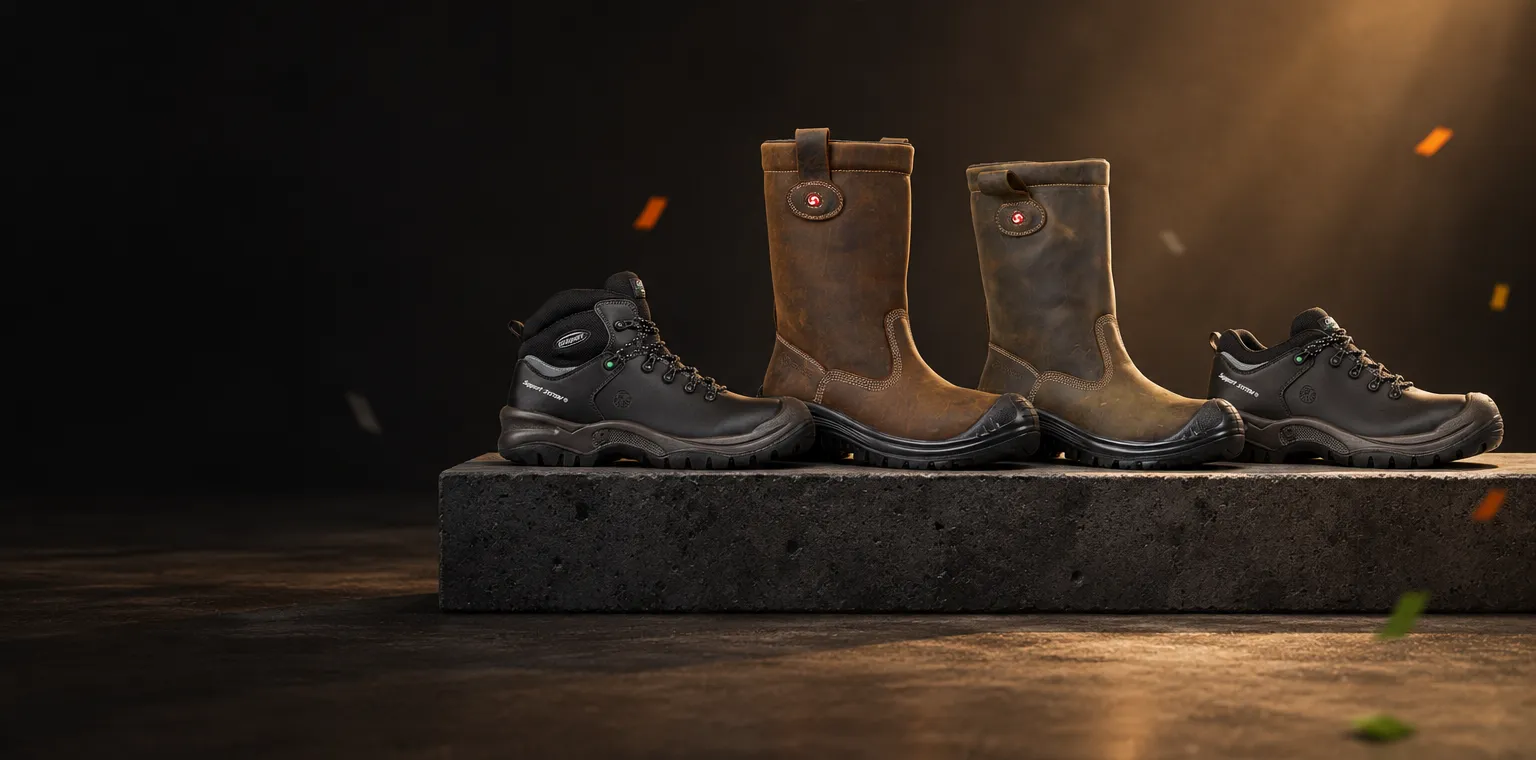 Sixton Montana werklaarzen en Grisport werkschoenen op een betonnen podium