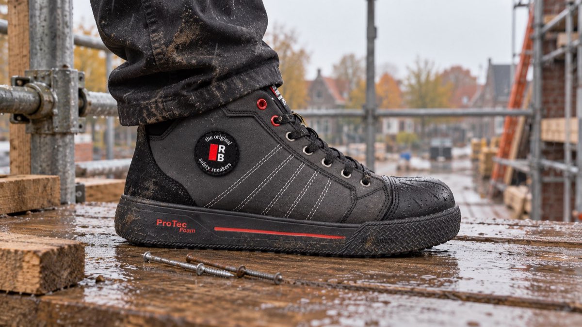 Redbrick Champ High Sneaker S3S op een natte steigerplank op een bouwplaats, met twee schroeven naast de schoen
